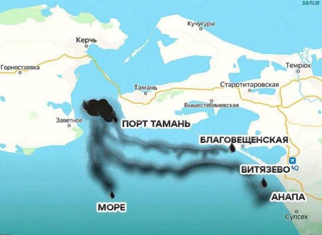 Загрязнение мазутом Черного моря в районе Анапы на карте региона